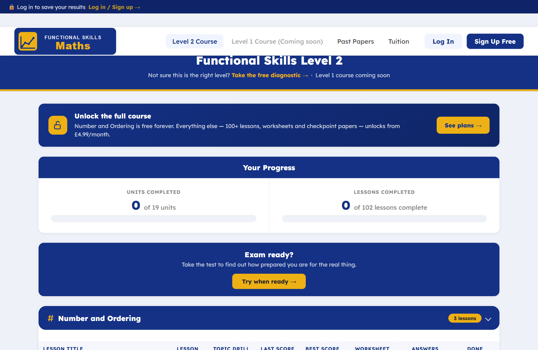 The Level 2 course page, showing units and lessons with drill and worksheet links