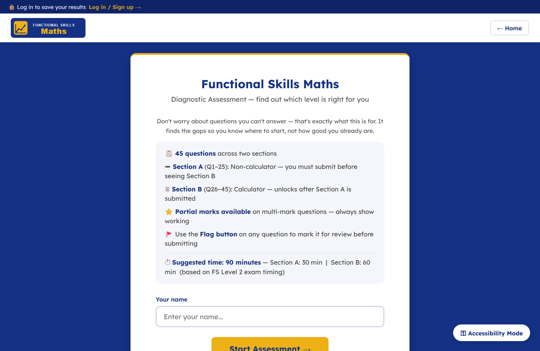 The diagnostic assessment cover screen showing the two-section structure and suggested timing