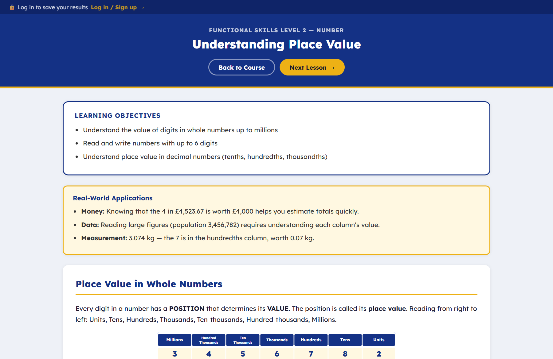 An interactive lesson page teaching place value, with worked examples and a quick check quiz